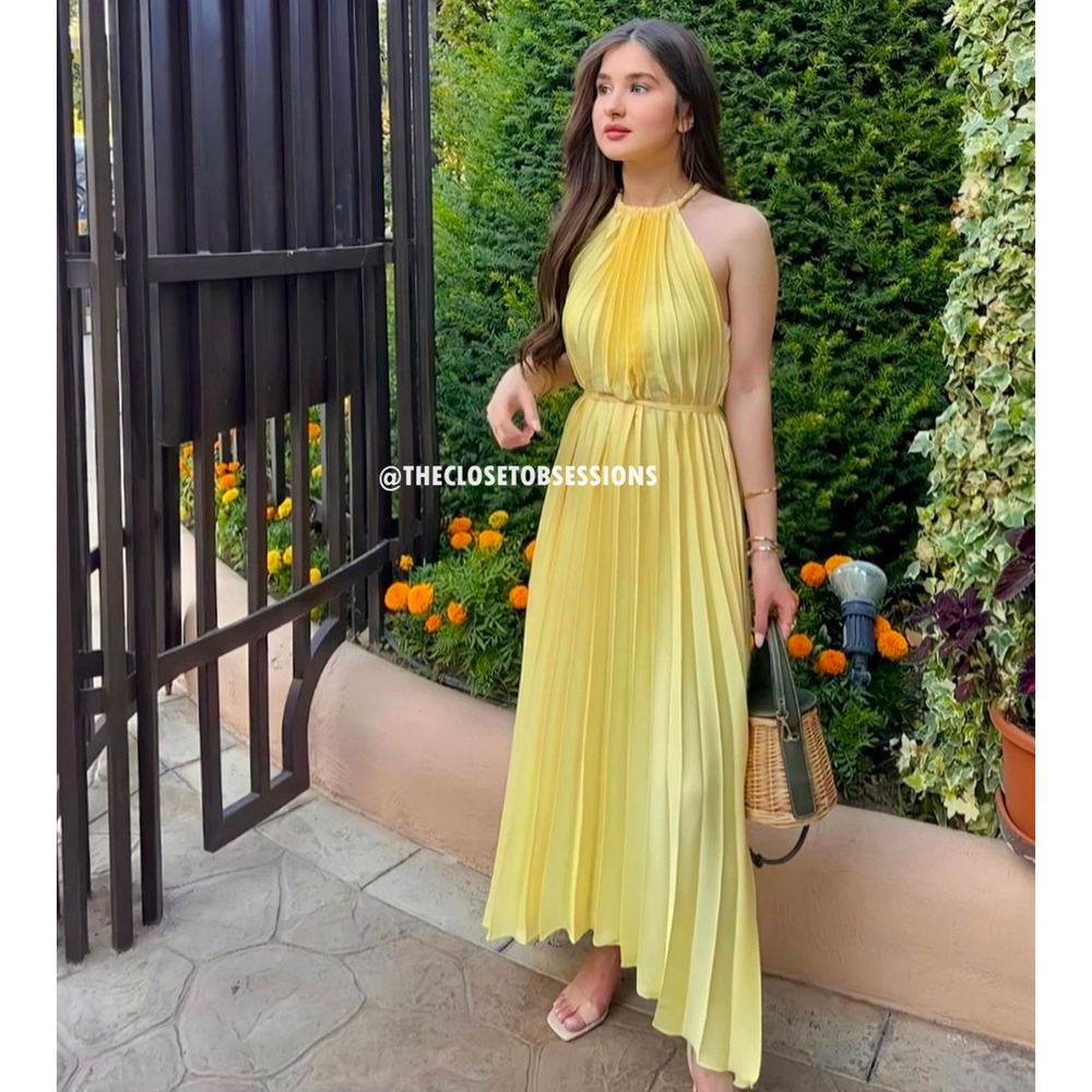Mango NWT Butter Yellow Pleated Halter Midi Dress 8 - Picture 10 of 16